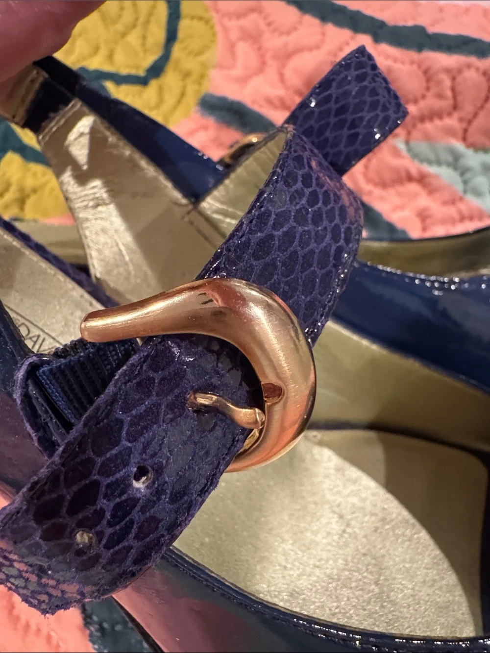 Joan & David Navy Patent Peep-Toe Slingbacks with Gold Buckles